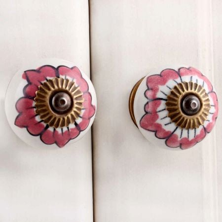 White Pink Floral Cabinet Knob